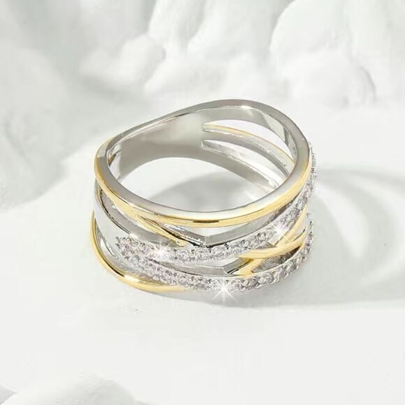 14K Two Tone Gold and Silver Plated Ring with Criss Cross Zircon Band - Picture 3 of 9